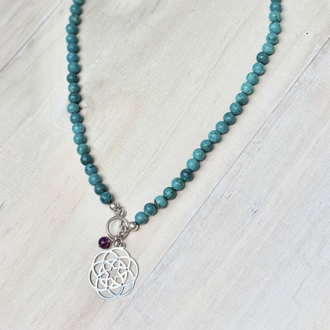 Collar de turquesas naturales y mandala en plata 925 CO1912F38