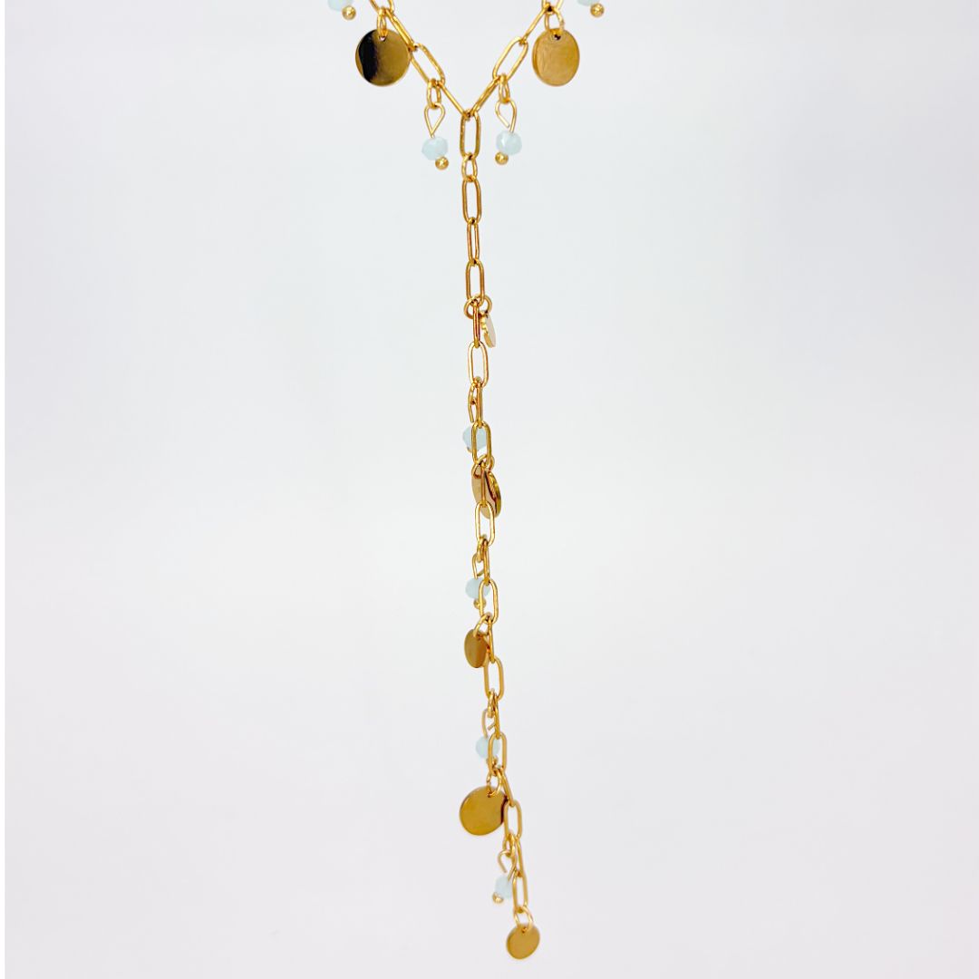 COLLAR CORREDIZO EN Y DE ESLABONES CON DIJES DE MONEDAS Y CUENTAS CELESTES EN ACERO CO1934G53 COLLAR CORREDIZO EN Y DE ESLABONES CON DIJES DE MONEDAS Y CUENTAS CELESTES EN ACERO CO1934G53