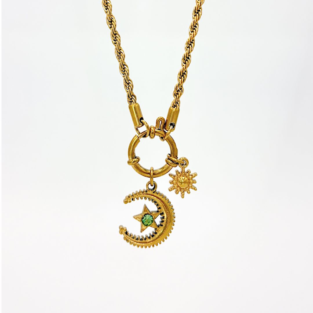 COLLAR DE CADENA TORZAL CON DIJES DE LUNA, SOL Y ESTRELLA EN ACERO CO1936F49 COLLAR DE CADENA TORZAL CON DIJES DE LUNA, SOL Y ESTRELLA EN ACERO CO1936F49