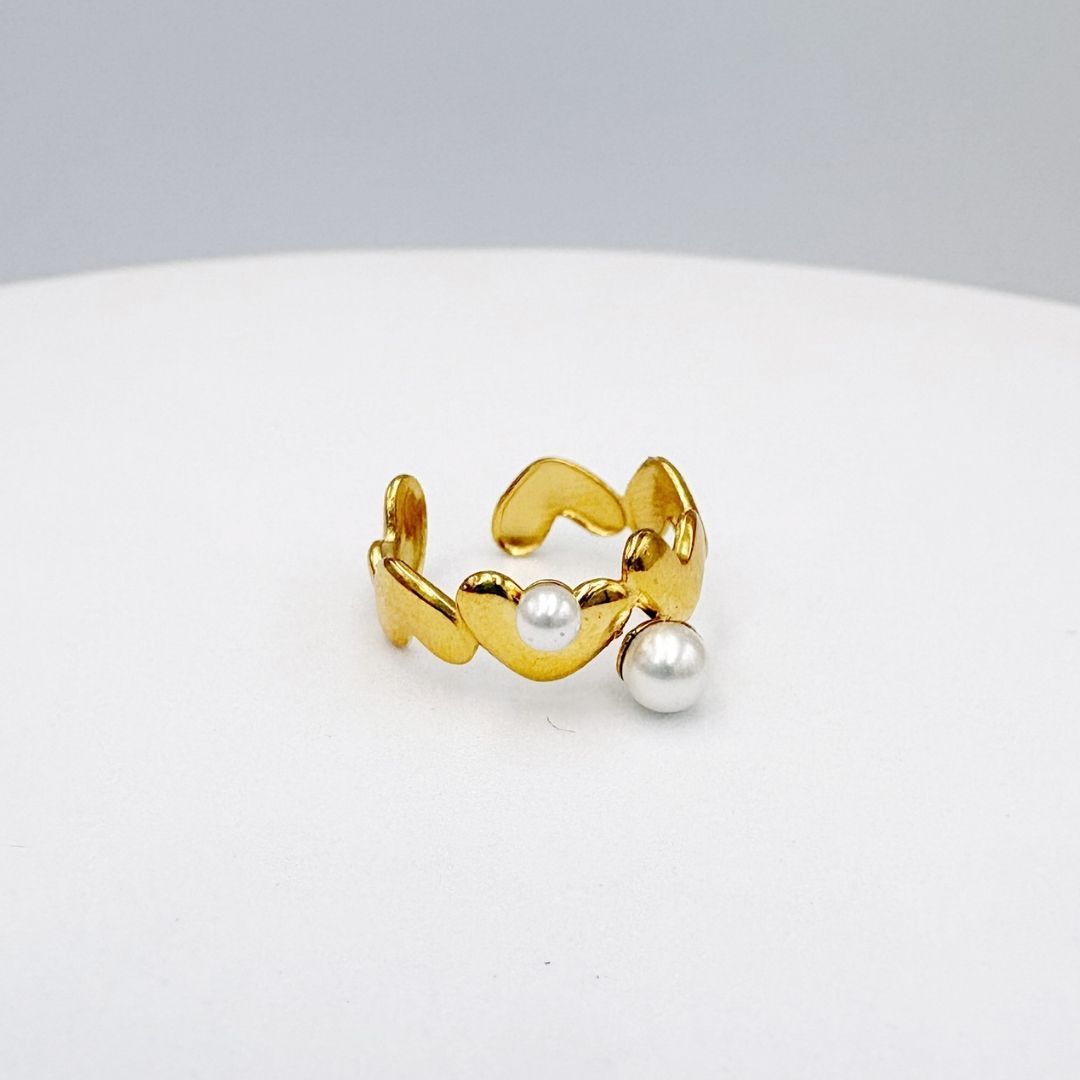 ANILLO DE CORAZONES ENLAZADOS CON PERLAS EN BAÑO DE ORO AJUSTABLE  AN3961G107