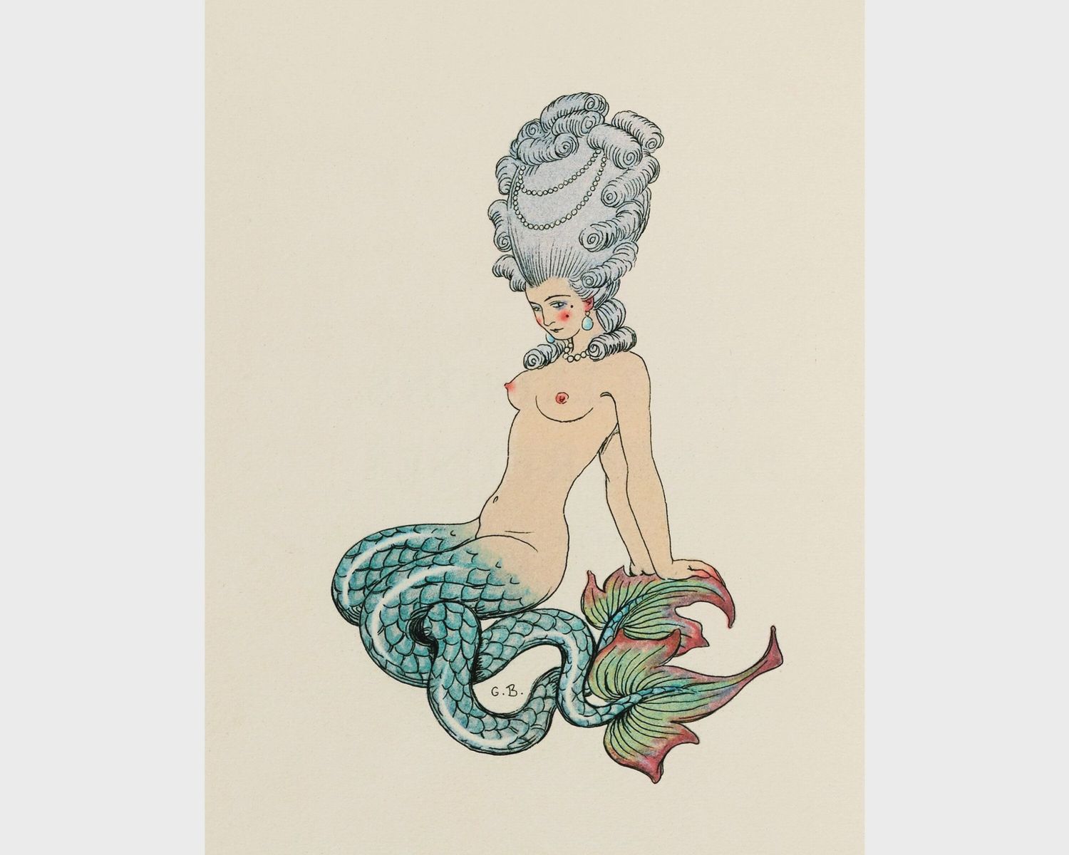 Vintage French Mermaid Art | Antique Nude Woman | Seductive Baroque Siren | Ocean, Water Painting | Bathroom Wall Art | George Barbier
