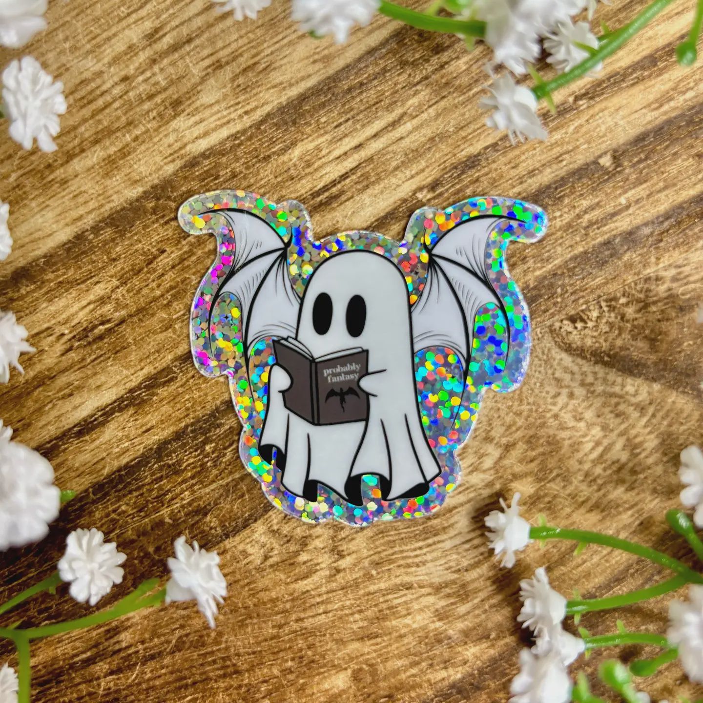 Ghost Reading Probably Fantasy Glitter Sticker