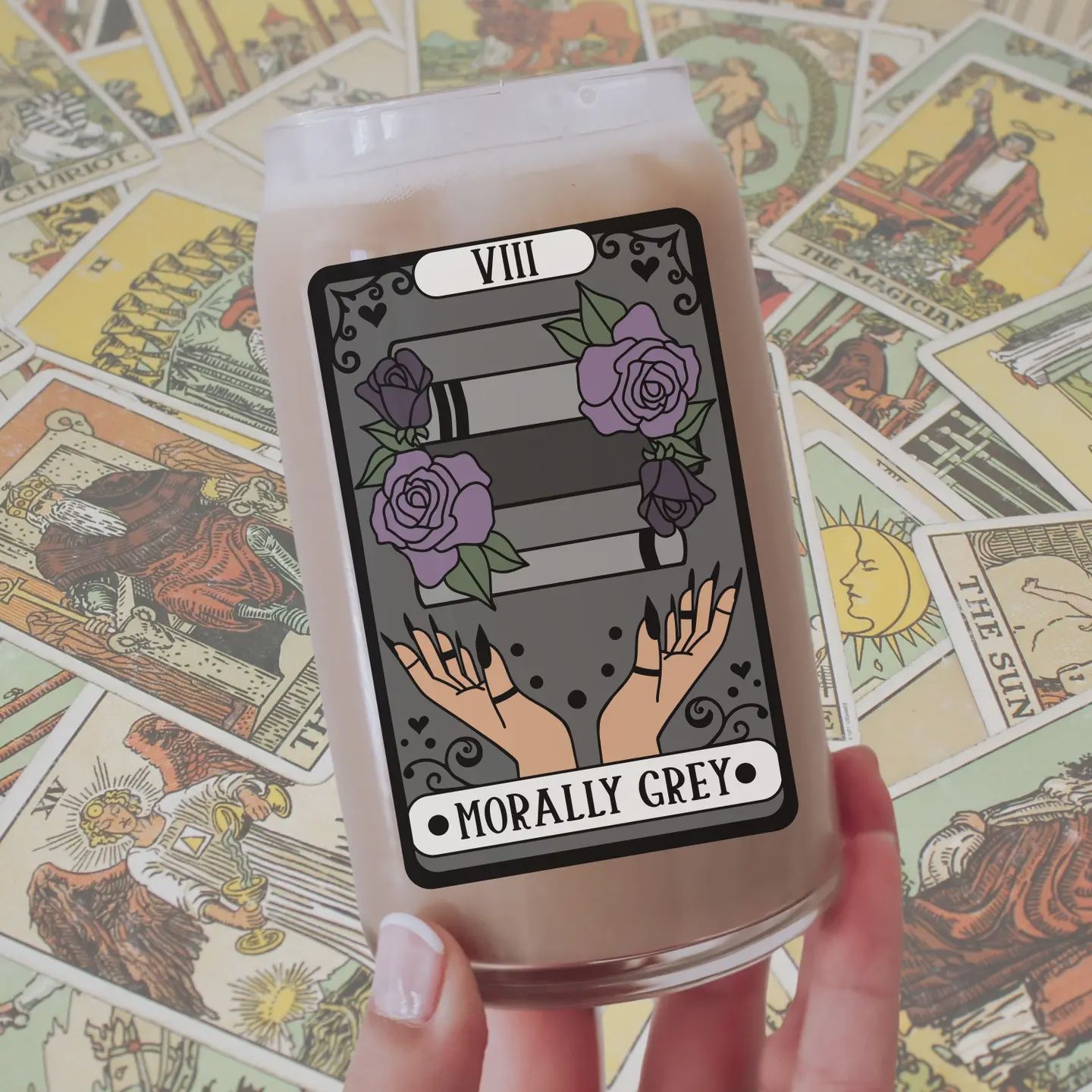 Morally Gray Tarot Witchy Iced Coffee Glass | Bookish Coffee Lover Gift | Team Villain Dark Romance Enemies To Lovers Bookworm Gothic Vibes