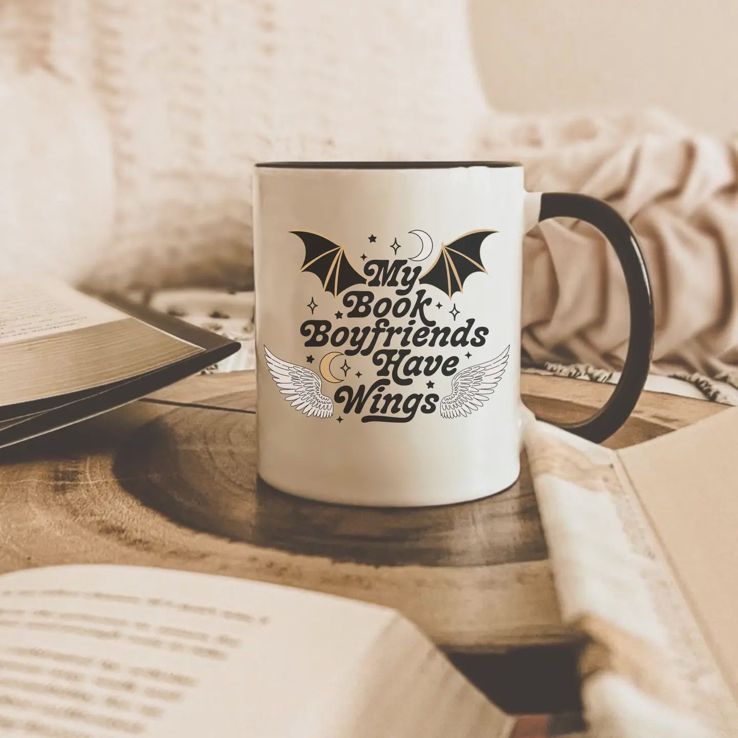 My Book Boyfriends Have Wings Mug | Bookish Coffee Cup | Reader Gifts | Sjm Fans Bat Boys Mug | Acotar Tog Crescent City | Fantasy Reader
