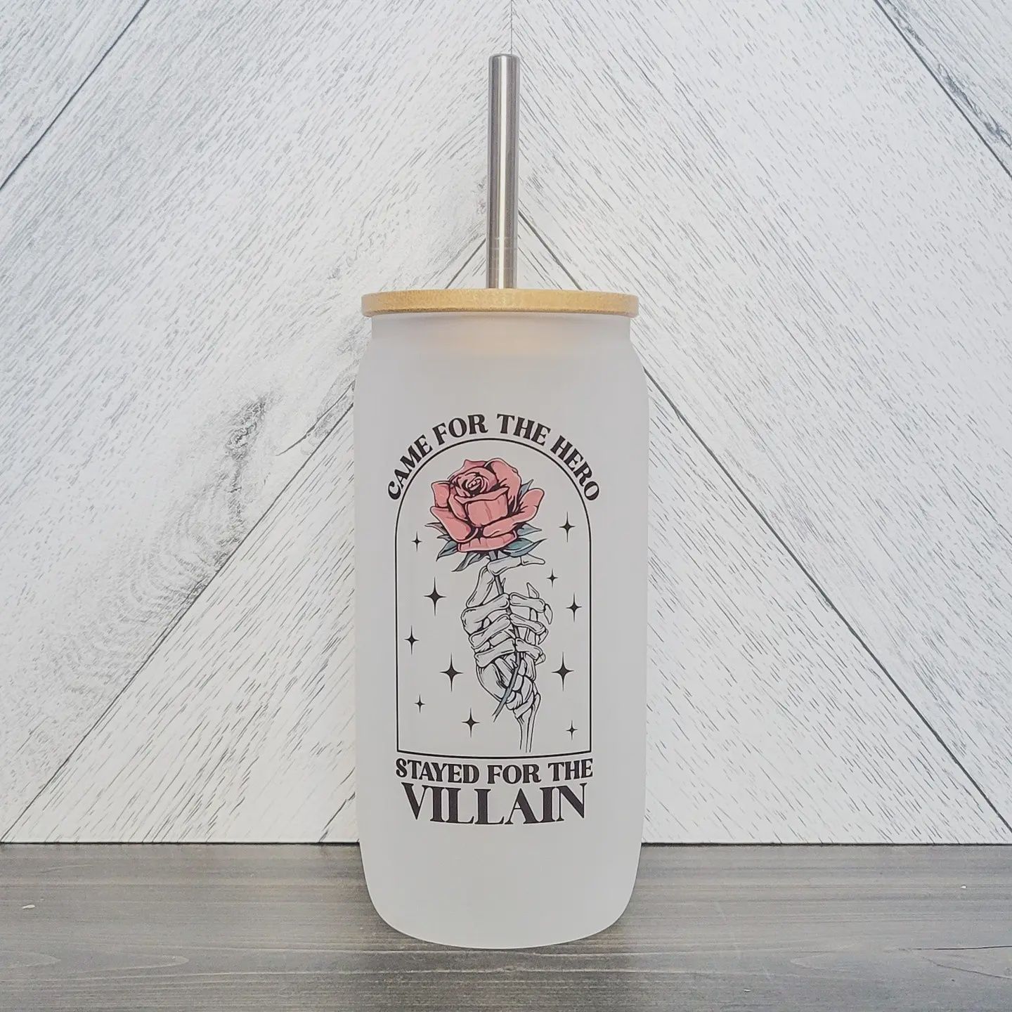 Stayed For The Villain Frosted Glass Can with Bamboo Lid