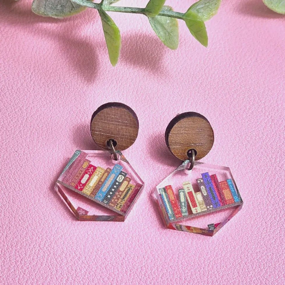 Book Lover Earrings with Wood Stud Topper