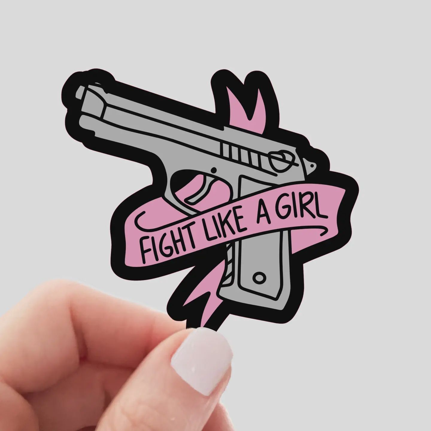 Fight Like a Girl Sticker - feminism, pink, pistol, gun