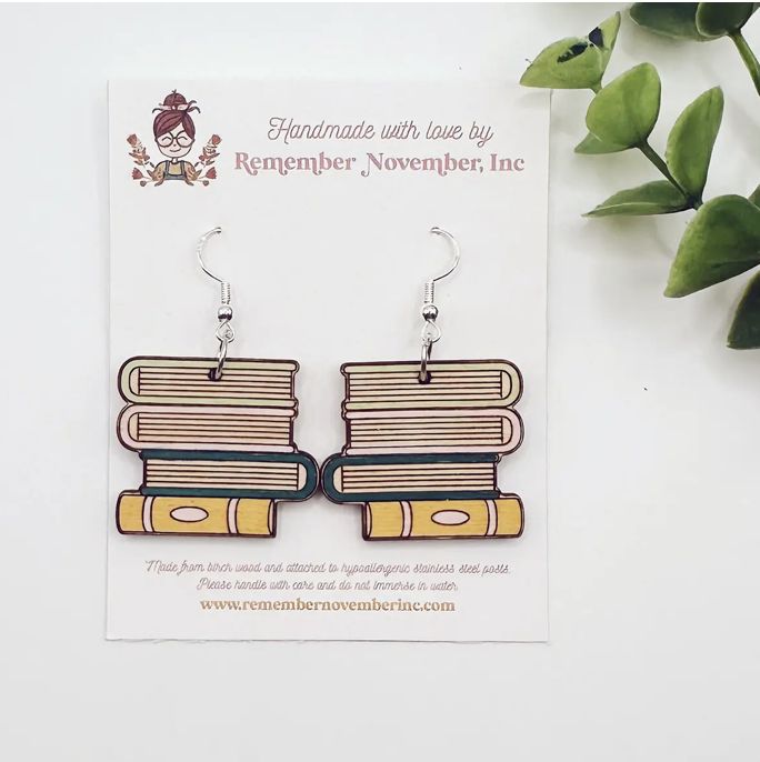 Book Stack Earrings, Book Earrings, Wood, Handpainted 2