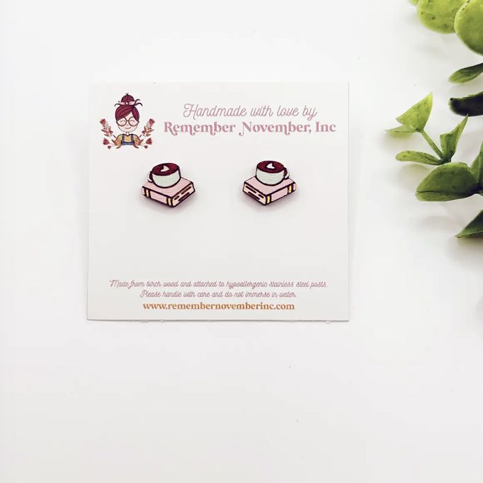 Books &amp; Coffee Earrings, Birch Wood, Hand Painted