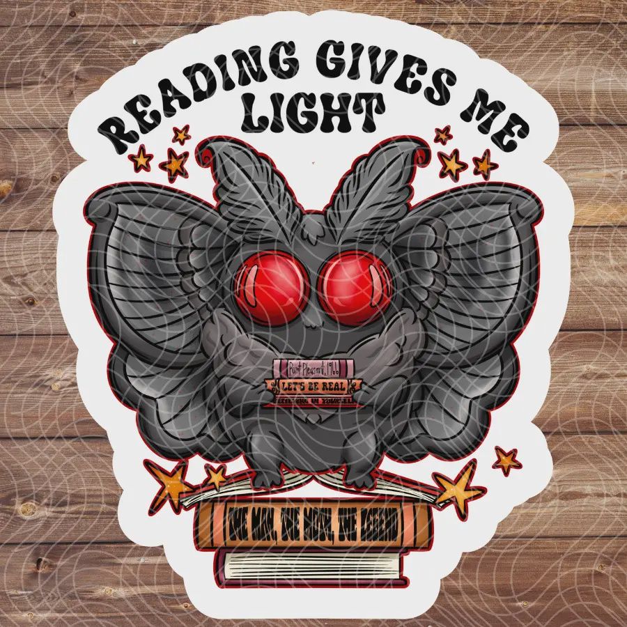 3&quot; Mothman Reading Gives Me Light Book Cryptid Vinyl Sticker