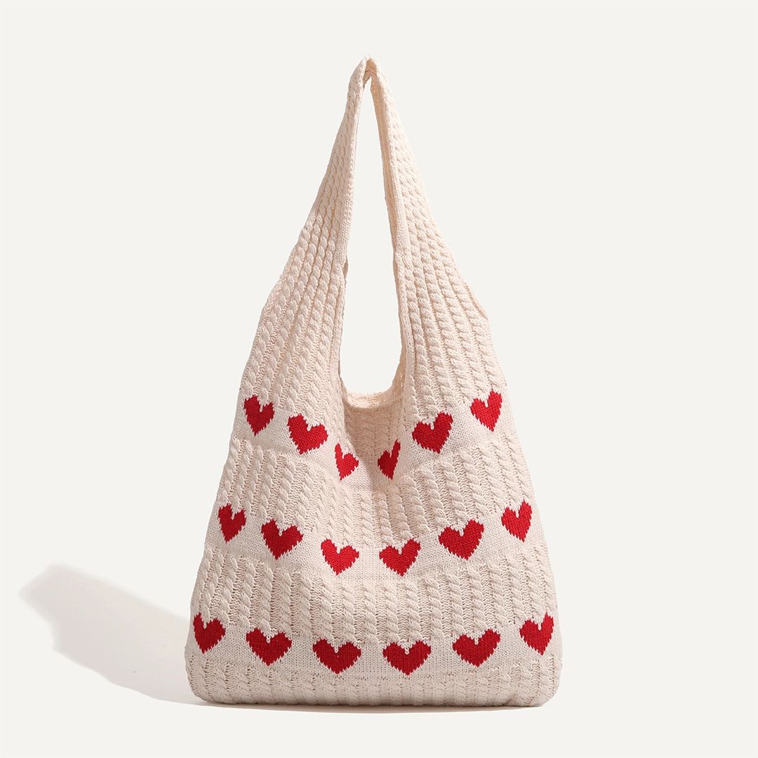 Love Heart Crochet Tote Bag Hand-Woven Shoulder Bag (red hearts)