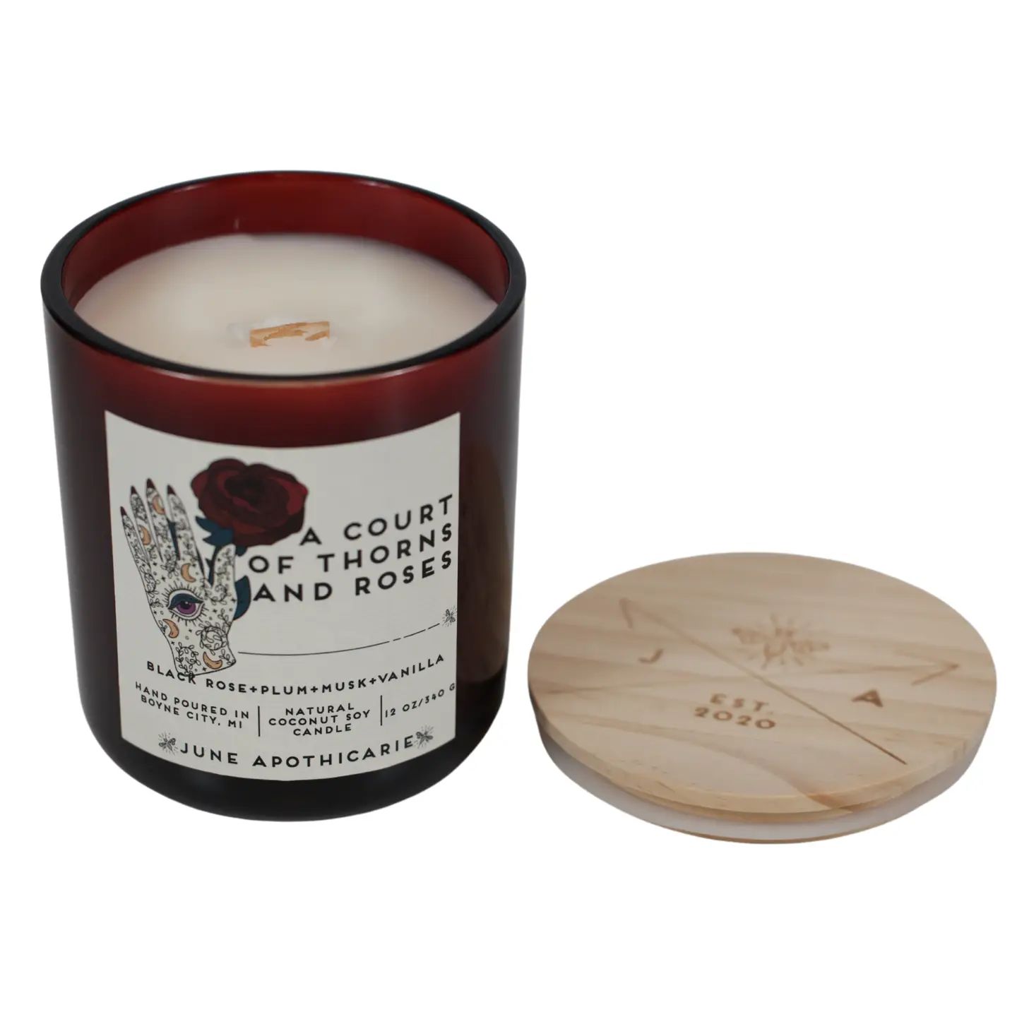 A Court of Thorns &amp; Roses 12 oz Glass Wooden Wick Candle