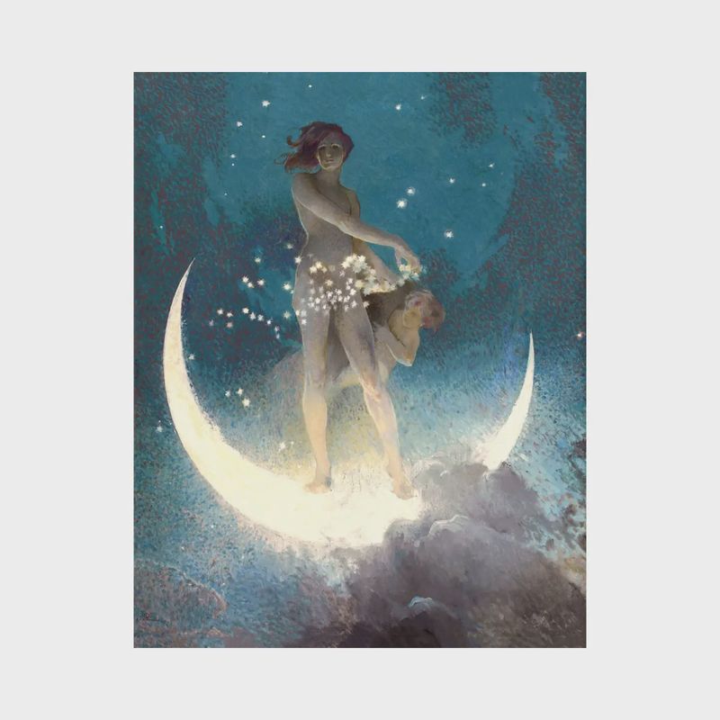 Moon goddess art print | Spring scattering stars | Crescent moon | Vintage nude woman | Art nouveau, deco wall art | Celestial painting