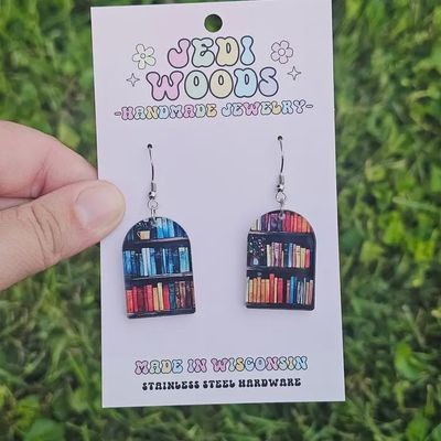 Gothic Bookish Night Blue Bookshelf Arch Earring Dangles