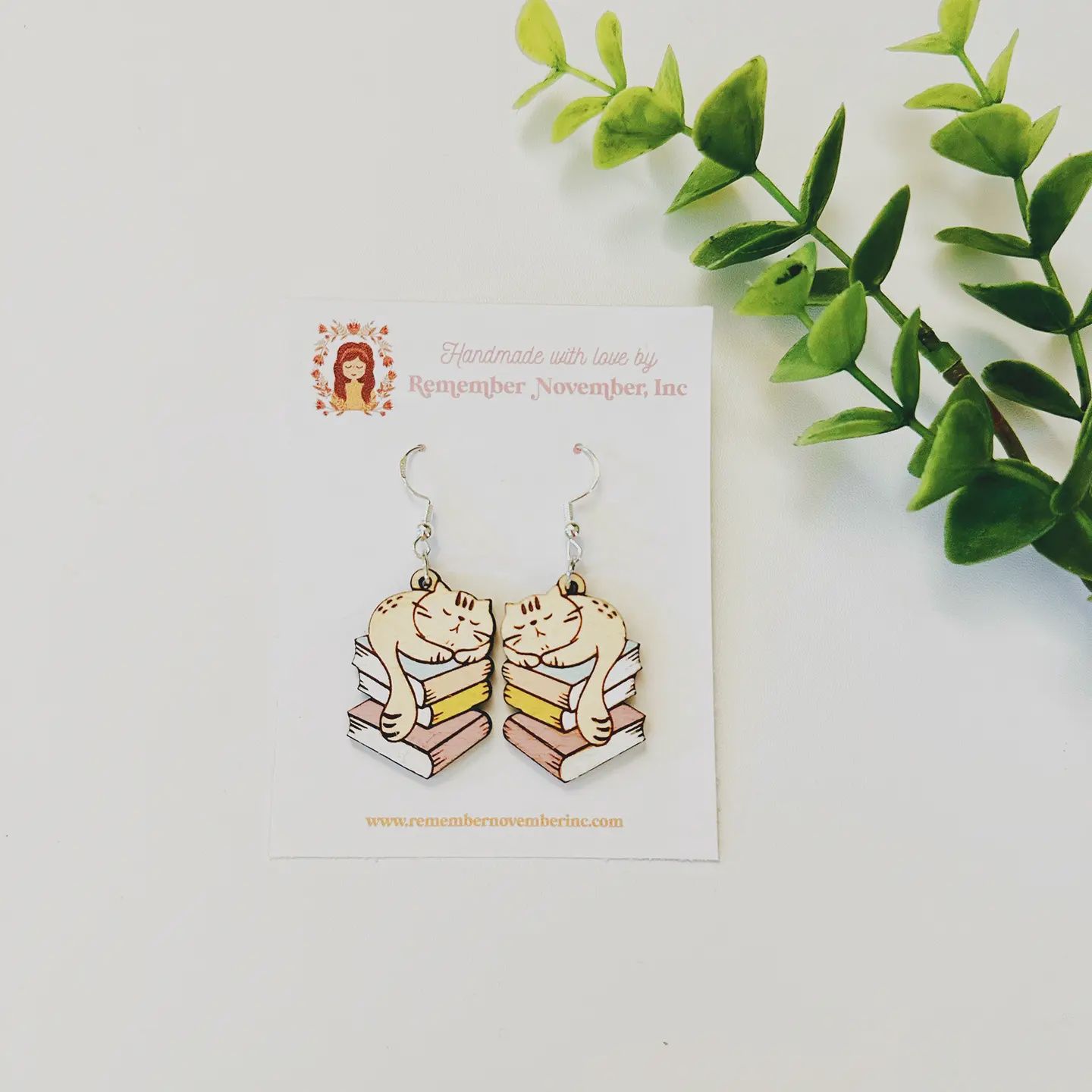 Cat Book Stack Earrings, Handmade, Birch Wood 2
