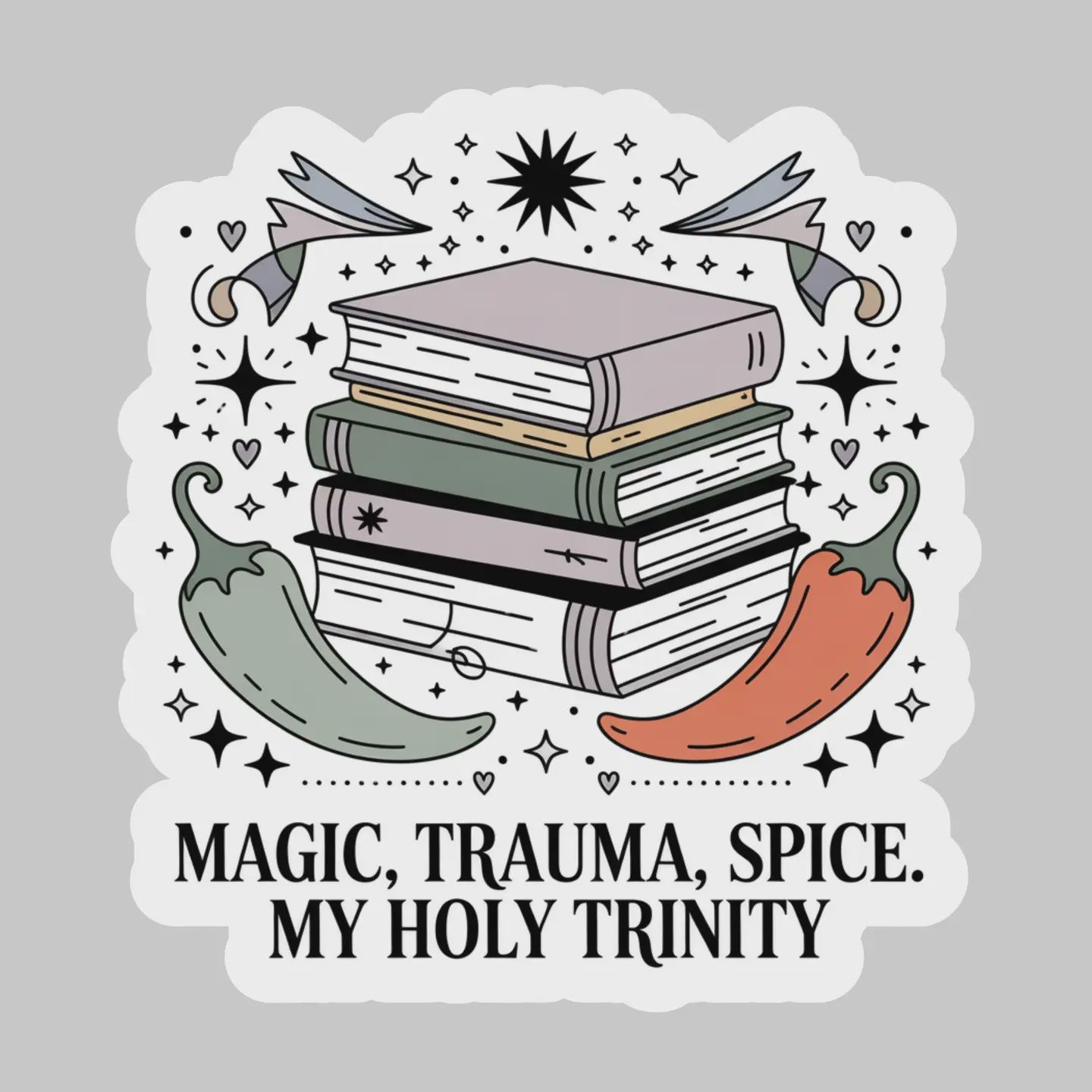 Magic Trauma Spice My Holy Trinity – 3&quot; Waterproof Bookish Sticker with Holo Overlay – Reading, Books, Reader Gift, Book Lover