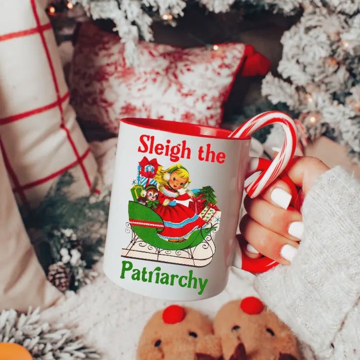 Retro Sleigh the Patriarchy Mug with Red Handle