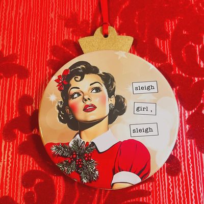 Sleigh Girl, Sleigh - Vintage Holiday Ladies Christmas Ornament