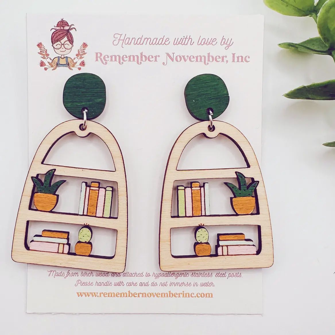 Bookshelf Earrings, Birch Wood