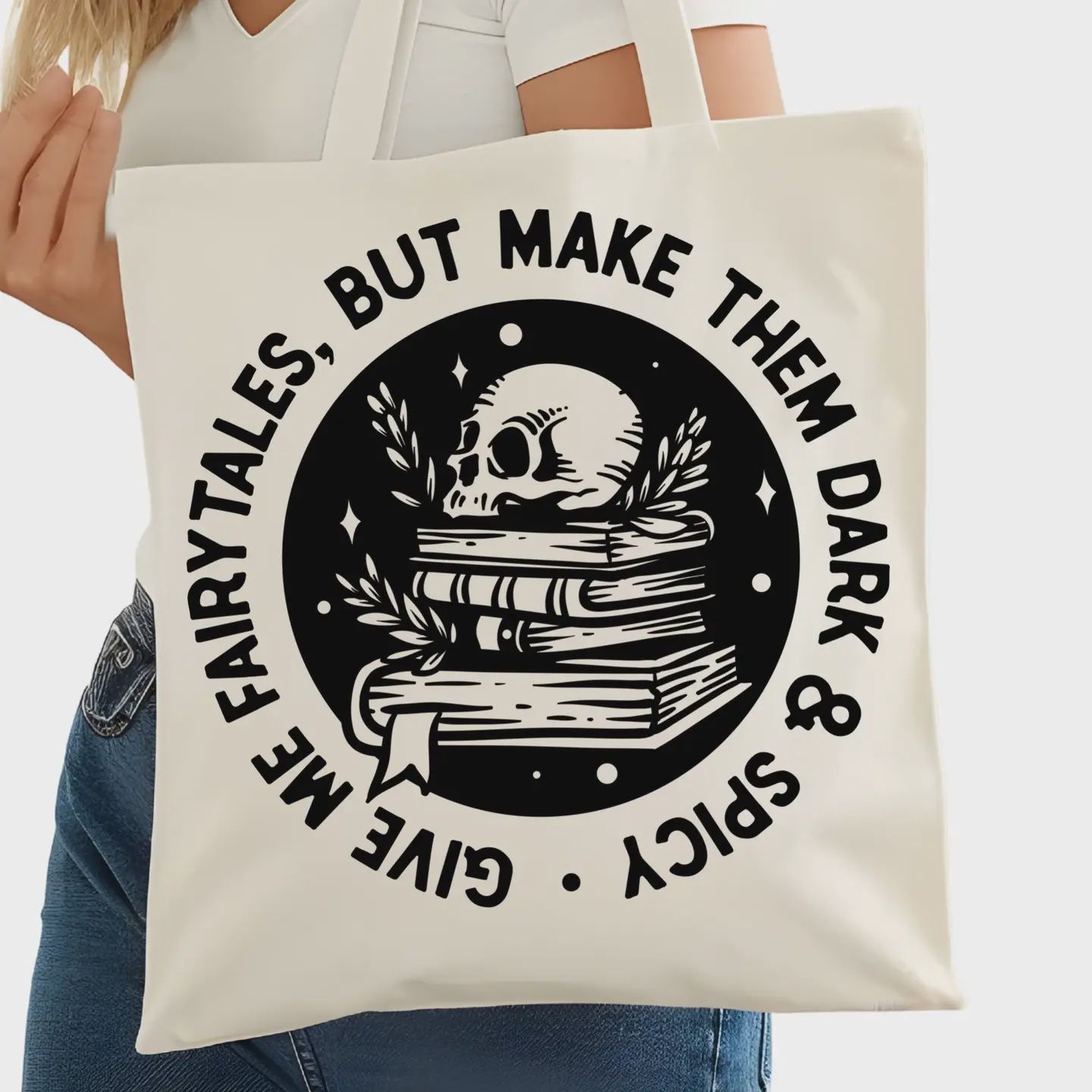 Give Me Fairytales By Make Them Dark and Spicy Bookish Tote Bag – Reading Tote For Book Lovers - Romance Reader Tote - Book Store