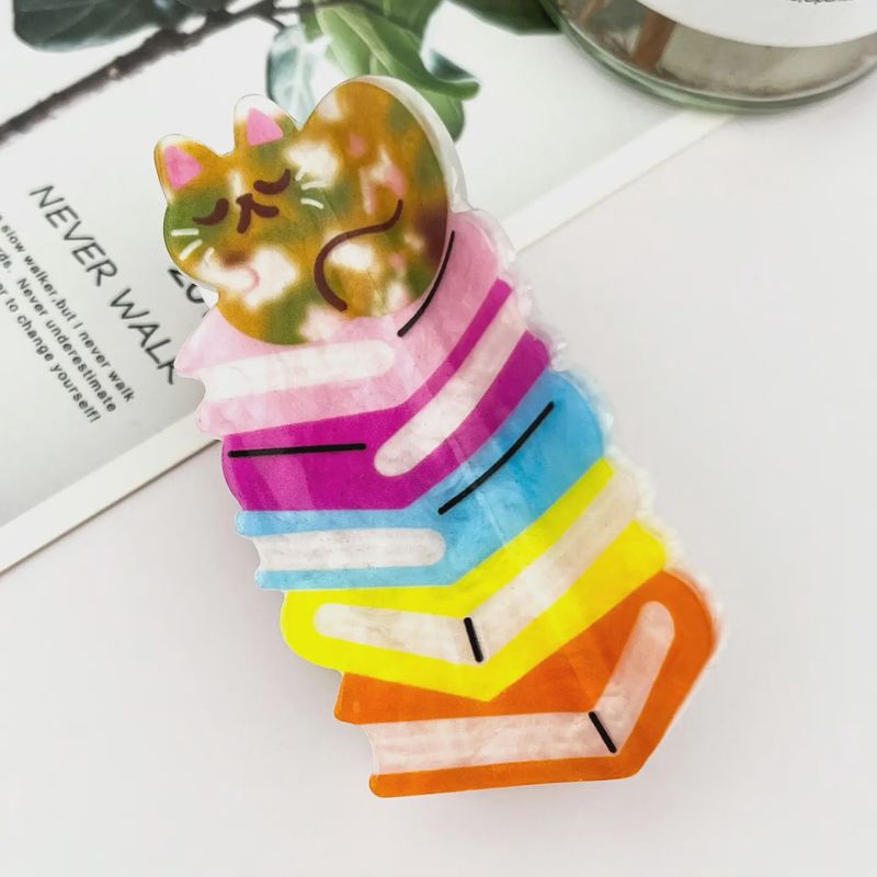 Whimsical Cat Reading Book Acrylic Hair Claw Clip