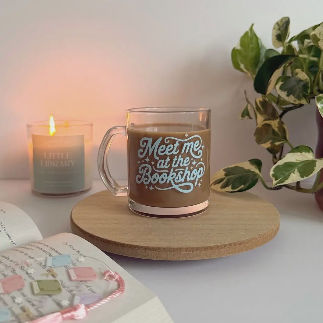Meet Me At the Bookshop Bookish Glass Mug – Aesthetic Clear Mug For Coffee &amp; Book Lovers