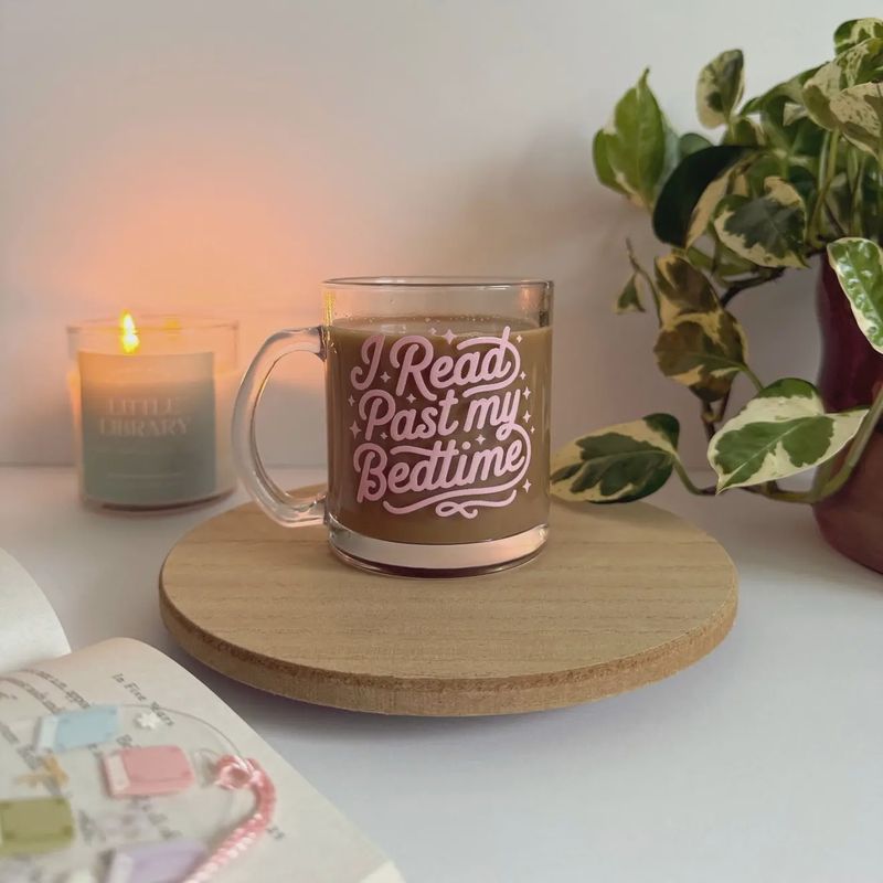 Read Past My Bedtime Bookish Glass Mug – Aesthetic Clear Mug For Coffee &amp; Book Lovers