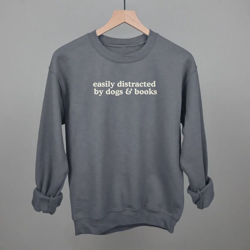 Easily Distracted By Dogs &amp; Books Sweatshirt Charcoal