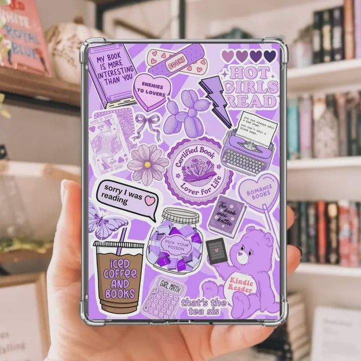 Purple Bookish Collage Kindle Insert with Sparkly Overlay, Clear Case Kindle Paper Insert, Hot Girls Read Books Decor