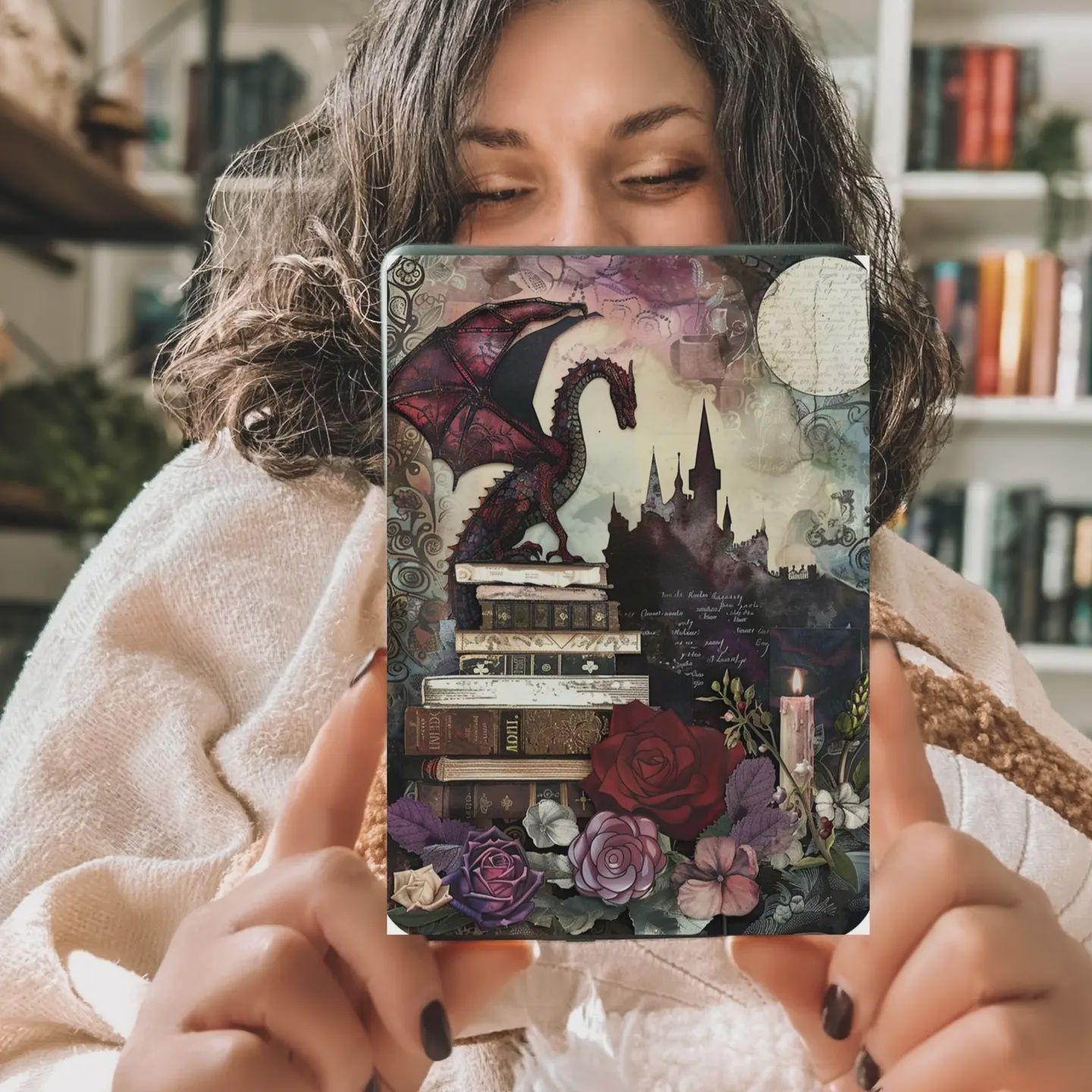 Romantasy Dragon Kindle Insert with Sparkly Overlay, Fantasy Romance Bookish Clear Kindle Case Insert