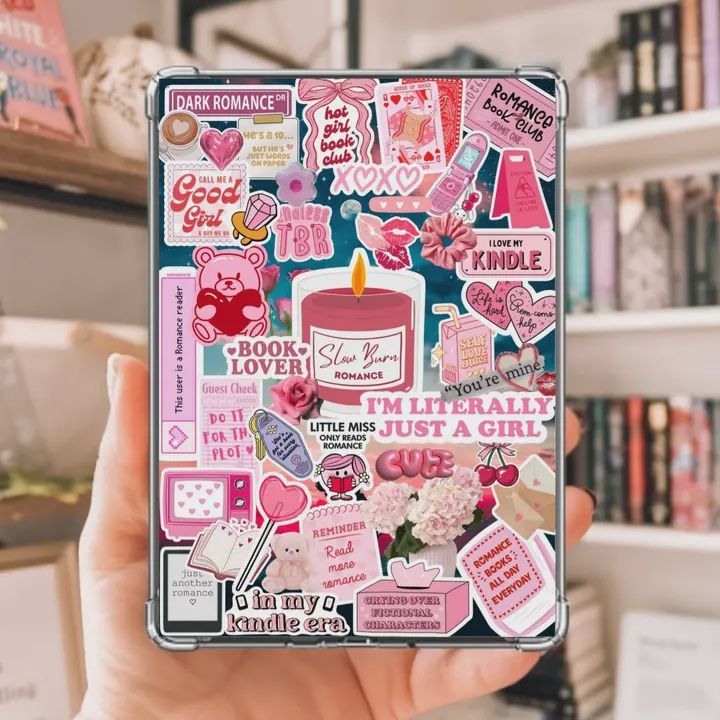Pink Romance Bookish Collage Kindle Insert with Sparkly Overlay, Clear Case Kindle Paper Insert, Cute Reader Accessory