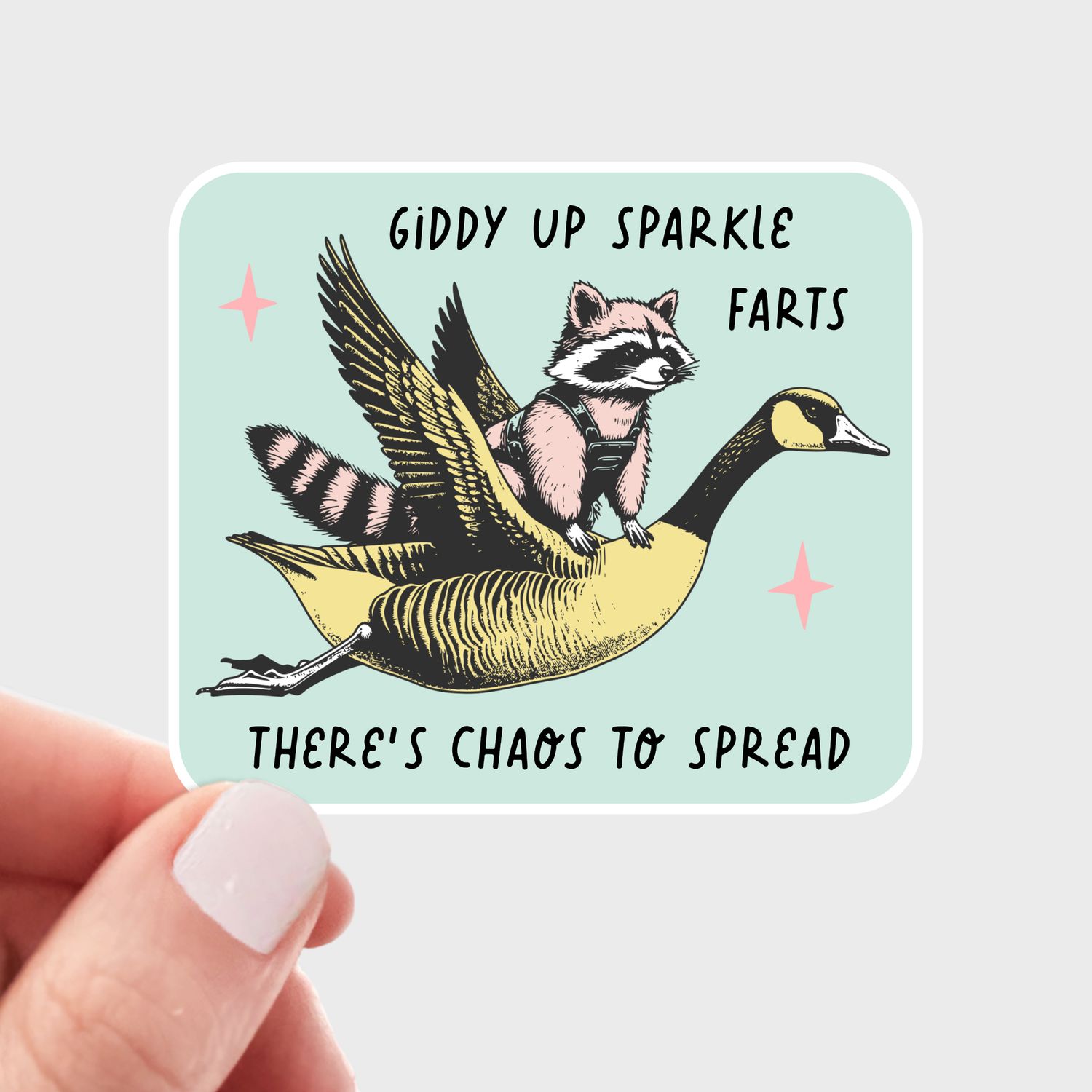 Giddy Up Sparkle Farts Sticker - raccoon, goose, funny, cute