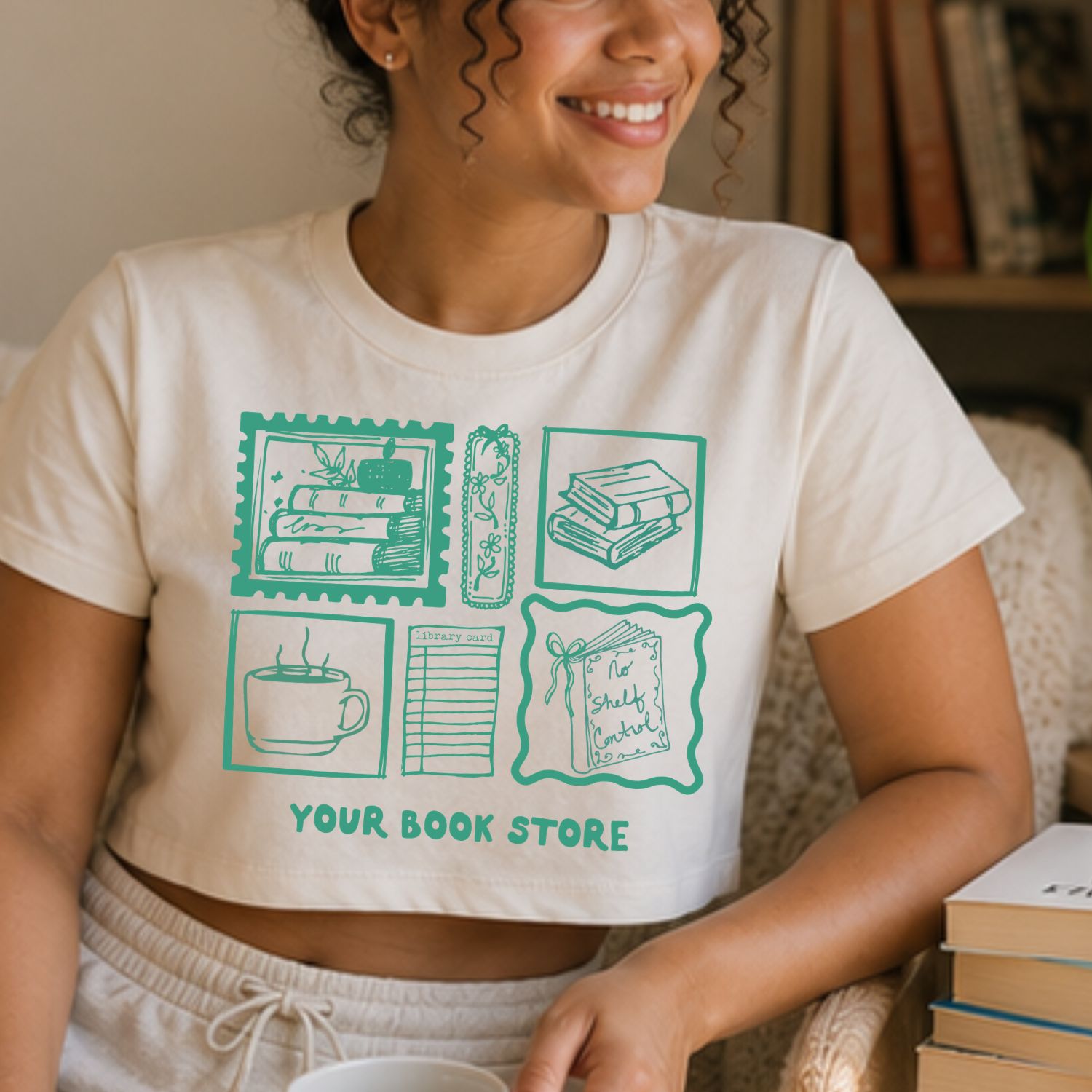 Flutter Bookstore Collage - Women's Crop Tee - Natural, Color: Green, Size: S