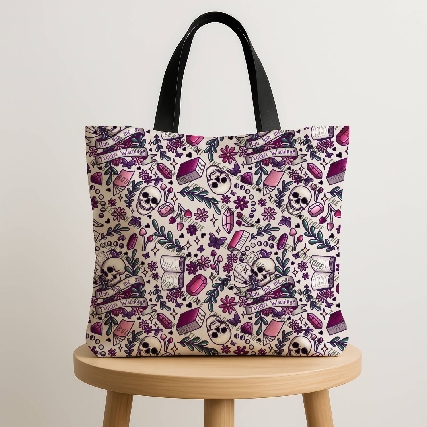 Trigger Warnings Spooky Skulls Bookish Large Zipper Tote Bag