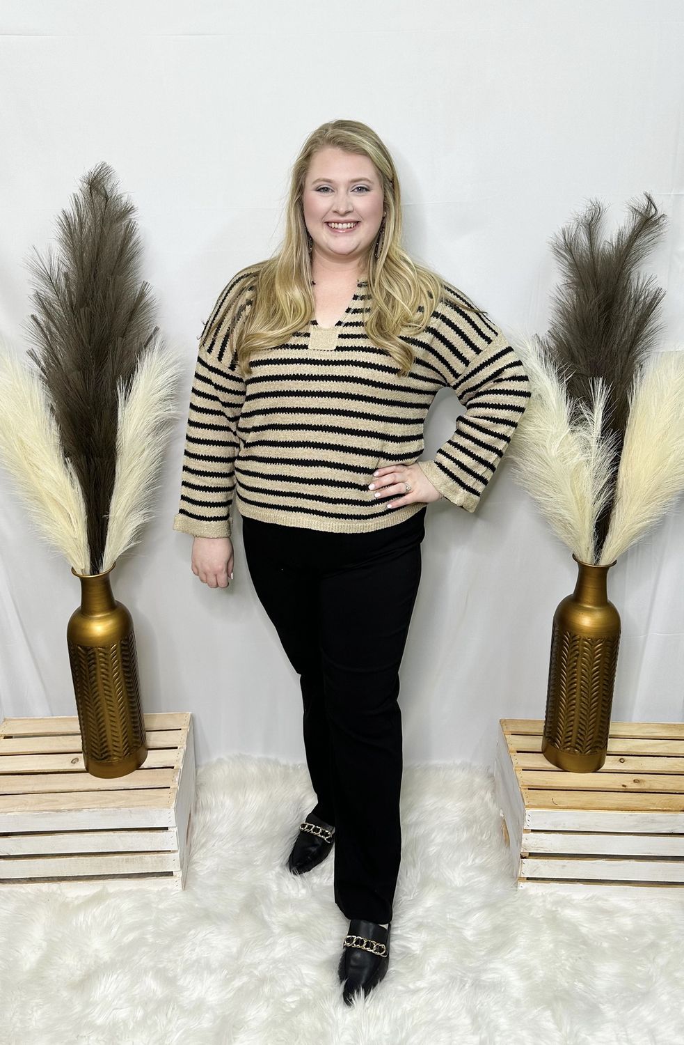 Taupe Striped Split Neck Sweater