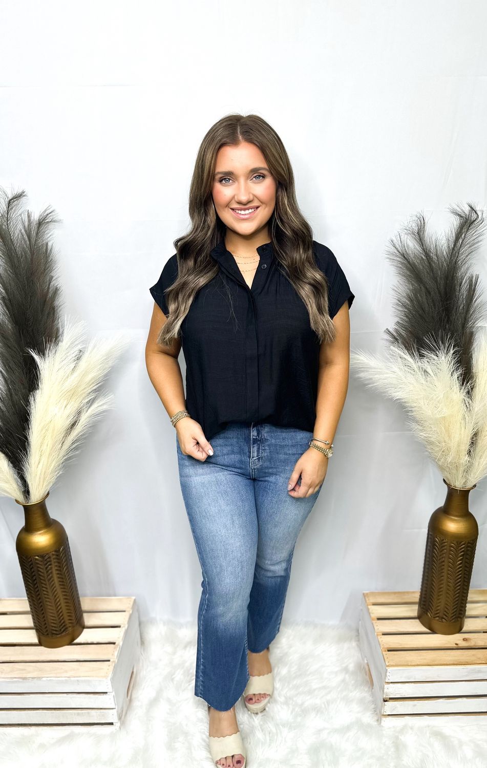 Black Henley Button Down SS Top