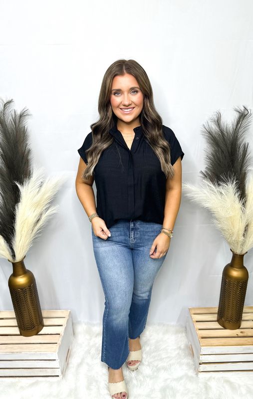 Black Henley Button Down SS Top