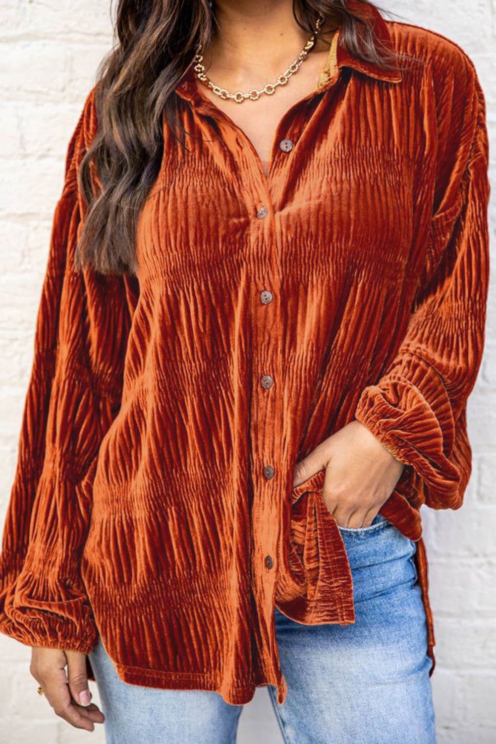 Brown Textured Button Down Top, Size: Small