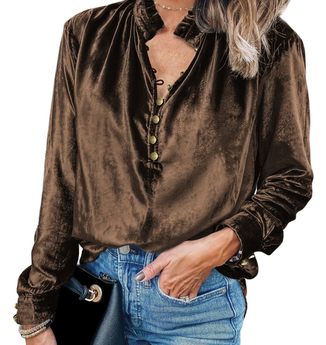 Velvet Gold Button Top, Colour: Brown, Size: S