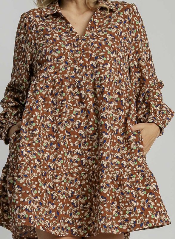 Curvy Brown Mix Floral LS Dress