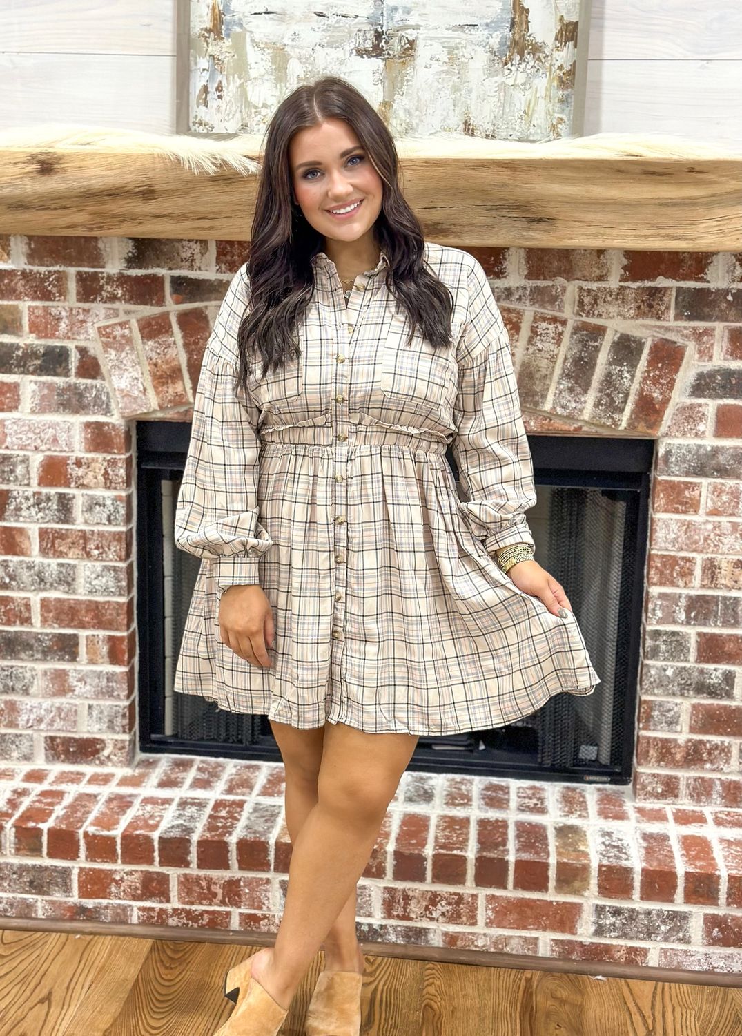 Beige Multi Plaid Dress, Size: Small