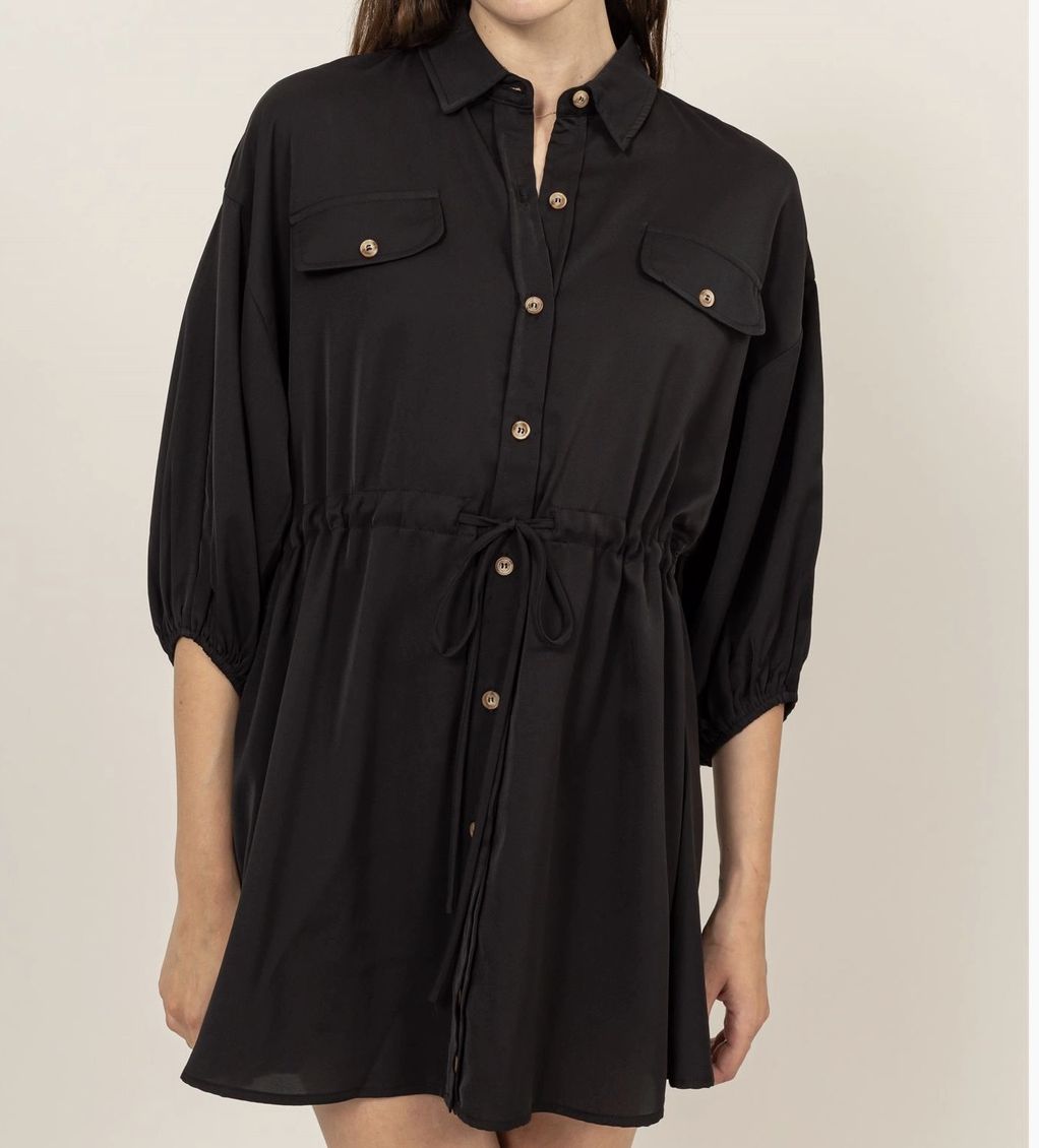 Black Button Down Puff Sleeve Dress, Size: Small