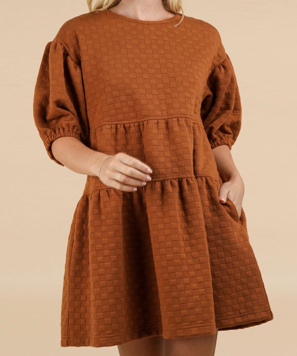Camel Quilted Puff Sleeve Dress
