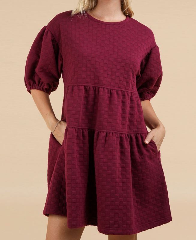 Raspberry Quilted Puff Sleeve Dress