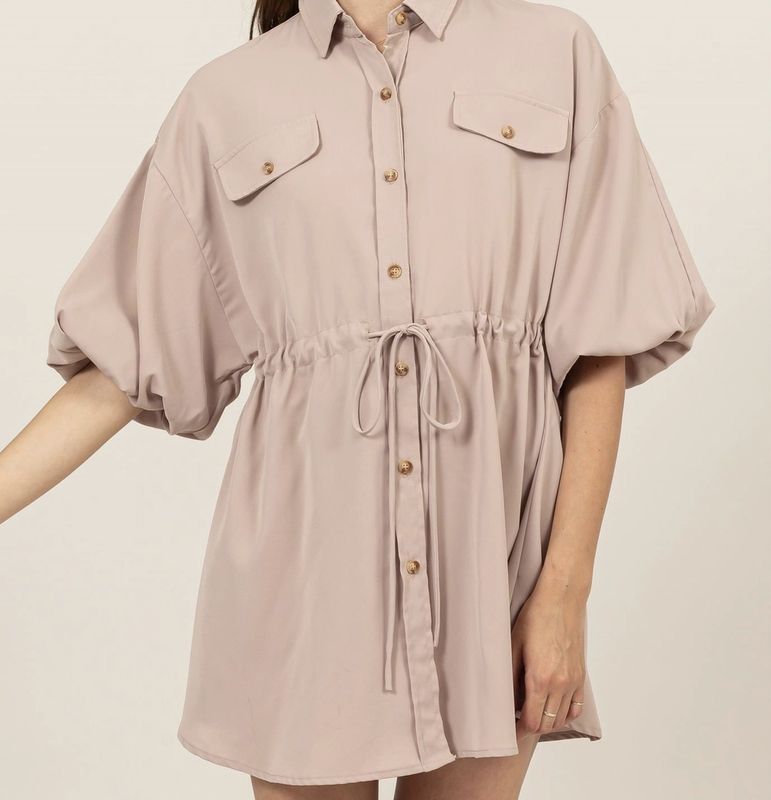 Taupe Button Down Puff Sleeve Dress