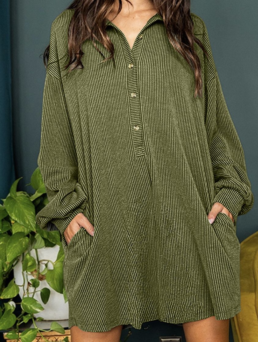 Green Ribbed Button Dress Medium