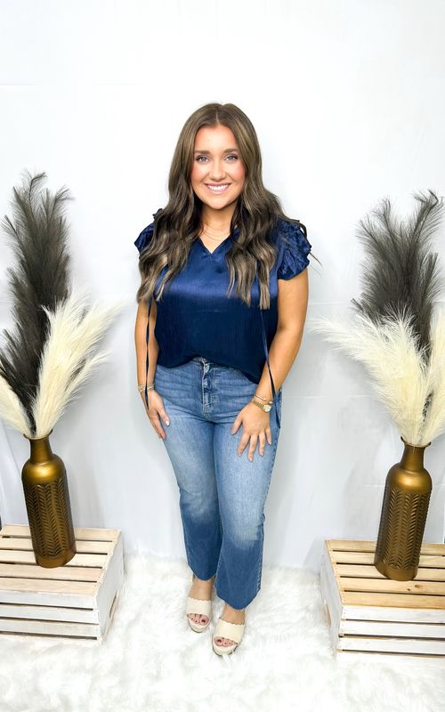 Navy Crinkled Satin Ruffle SS Top
