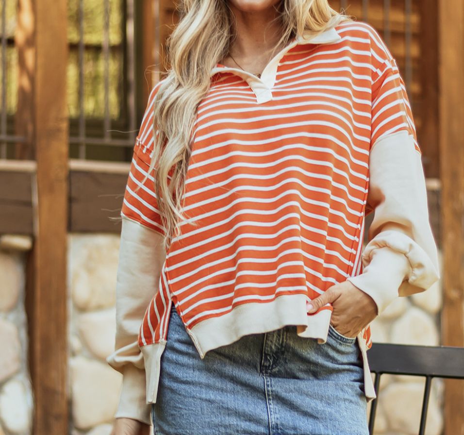 Orange Striped Collared LS Top