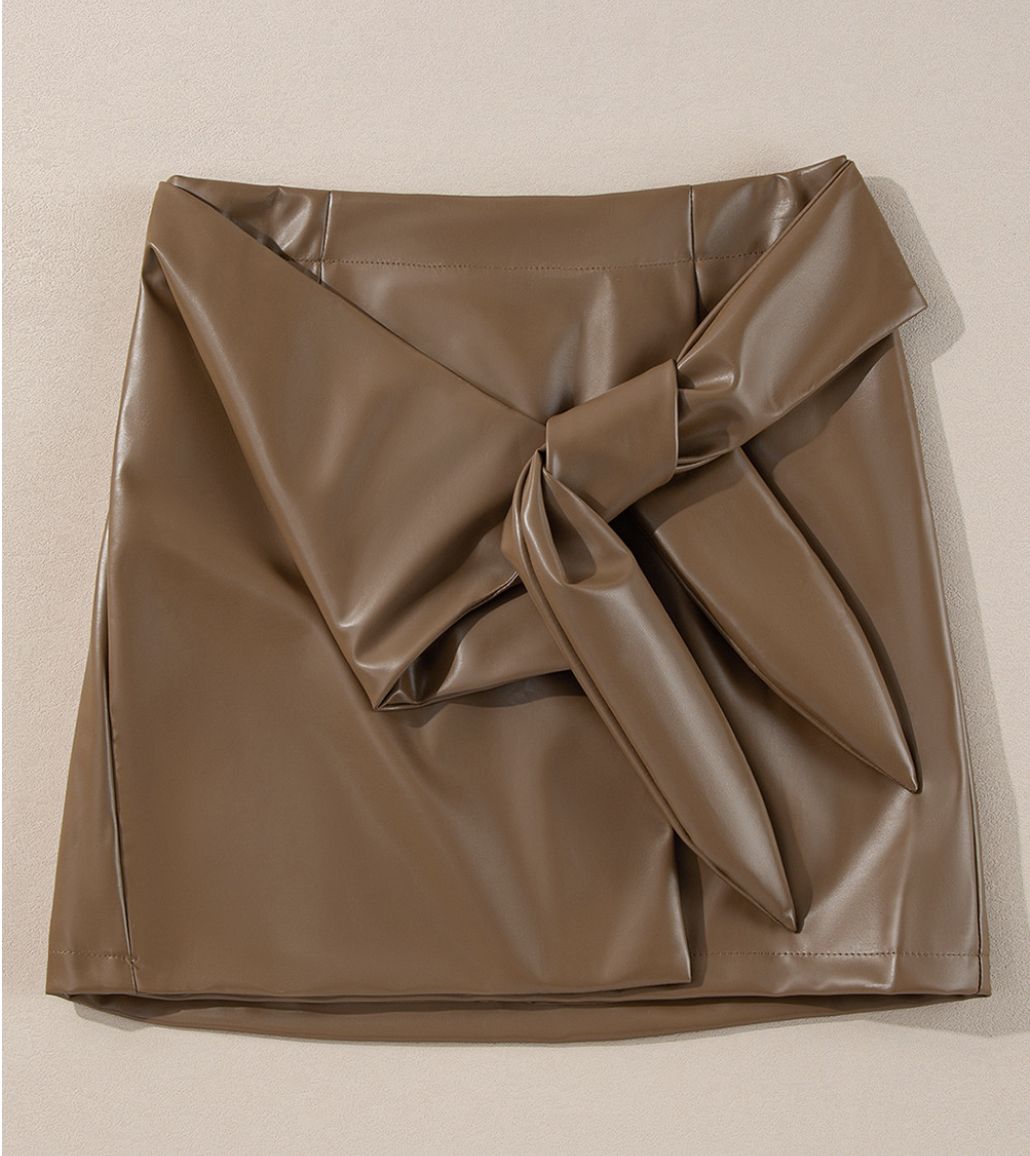 Coffee Bowknot Faux Leather Mini Skirt