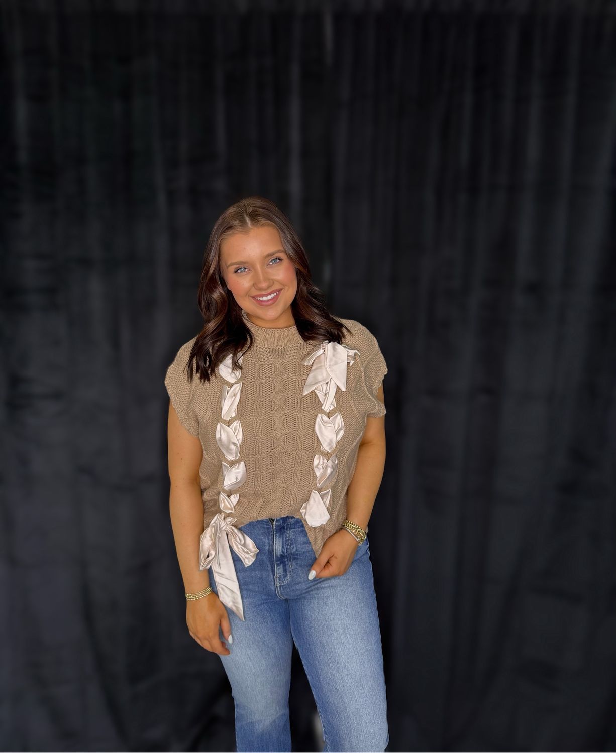 Taupe Ribbon Sleeveless Sweater